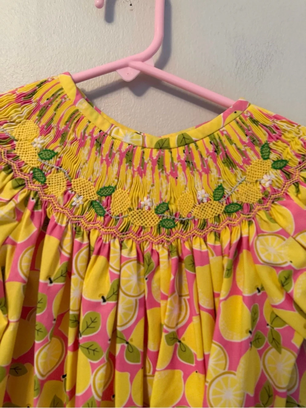 Delaney Yellow Pink Lemon-Print Smocked Dress